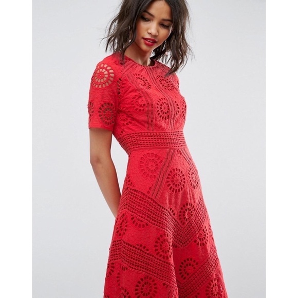 ASOS Premium Broderie Fabric Lace Eyelet Cocktail Red Cotton Midi Dress US 4 - Picture 9 of 12